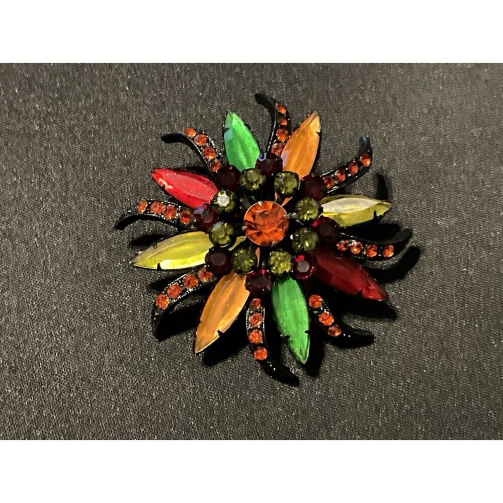 Vintage Selini Black Metal W/ Multicolor Rhinestone Petals Brooch